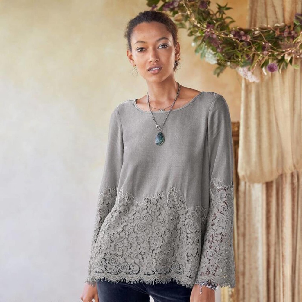 Sundance Floral Lace Cascade Velvet Blouse Bell Sleeve Gray Size Large H14079 - Picture 1 of 11